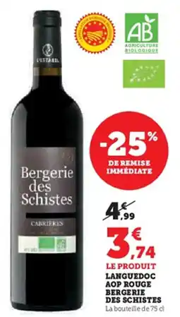 Hyper U Languedoc aop rouge bergerie des schistes offre