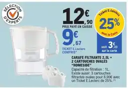 E.Leclerc CARAFE FILTRANTE 2,5L + 2 CARTOUCHES OVALES 'HOMESIDE' offre