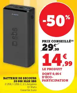 Super U Batterie de secours 20 000 mah sbs offre