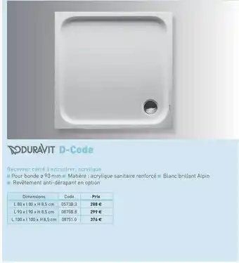 Receveur Carré à Encastrer, Acrylique D-code Duravit