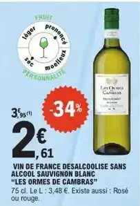 E.Leclerc Cambras - vin de france desalcoolise sans alcool sauvignon blanc offre