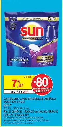 Intermarché Express Sun - capsules lave-vaisselle absolu tout en 1 offre