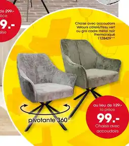 Möbel Martin Chaise avec accoudoirs Velours côtelé/tissu vert ou gris cadre métal noir thermolaqué offre