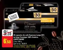 G20 30 capsules de café espresso lungo n°6 ou long l'iconique 100% arabica carte noire offre