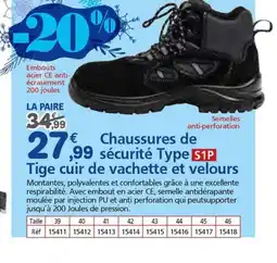 Provence Outillage Chaussures de sécurité Type S1P Tige cuir de vachette et velours offre