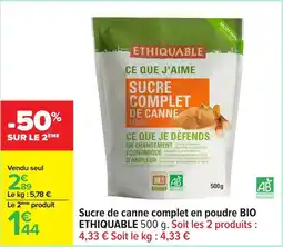 Carrefour Sucre de canne complet en poudre bio ethiquable offre