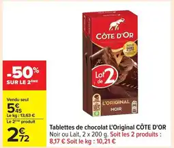 Carrefour CÔTE D'OR Tablettes de chocolat L'Original offre