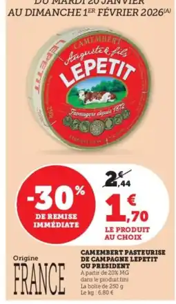 U Express LEPETIT Camembert pasteurise de campagne offre
