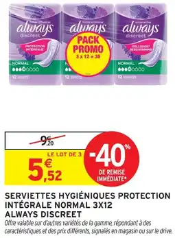Intermarché Hyper Always serviettes hygiéniques protection intégrale normal 3x12 offre
