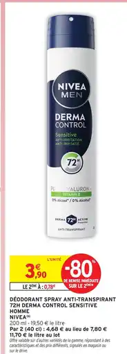 Intermarché Hyper Nivea déodorant spray anti-transpirant 72h derma control sensitive homme offre