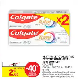 Intermarché Contact Dentifrice total active prévention original soin complet offre