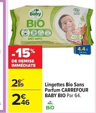 Carrefour CARREFOUR BABY BIO Lingettes Bio Sans Parfum offre