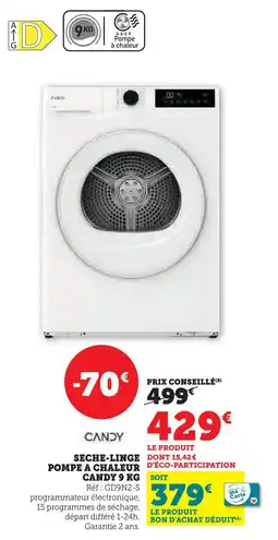 Super U Candy sèche-linge pompe à chaleur 9 kg offre
