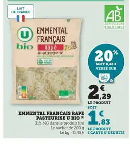 Super U U bio emmental français râpé pasteurisé offre