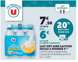 Super U U lait uht sans lactose facile à digérer offre