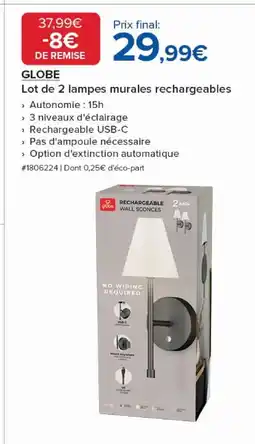 Costco GLOBE Lot de 2 lampes murales rechargeables offre