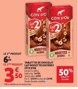 Auchan CÔTE D'OR Tablettes de chocolat lait noisettes entières offre