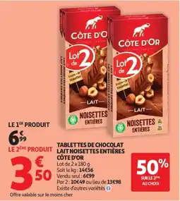 Auchan Tablettes de chocolat lait noisettes entières côte d'or offre
