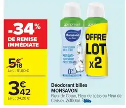 Carrefour Market Déodorant billes MONSAVON offre