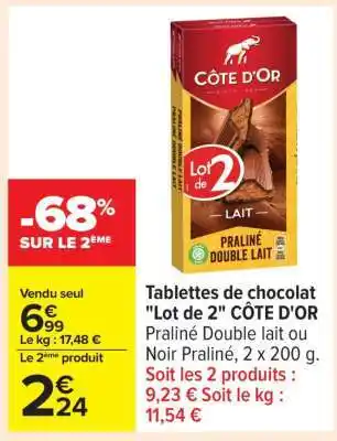 Carrefour Tablettes de chocolat Lot de 2 CÔTE D'OR offre