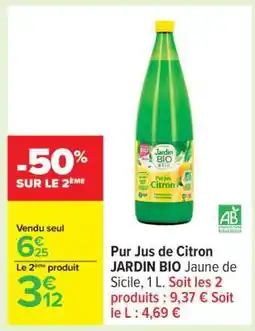 Carrefour Pur Jus de Citron JARDIN BIO Jaune de Sicile, 1 L offre