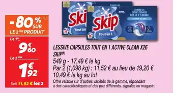 Lessive capsules tout en 1 active clean x26 skip