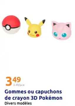 Action Gommes ou capuchons de crayon 3d pokémon offre