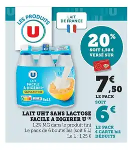 Maximarché U Lait uht sans lactose facile a digerer offre