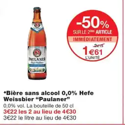 Monoprix PAULANER Bière sans alcool 0,0% Hefe Weissbier offre