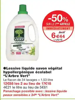Monoprix L'ARBRE VERT Lessive liquide savon végétal hypollergénique écolabel offre