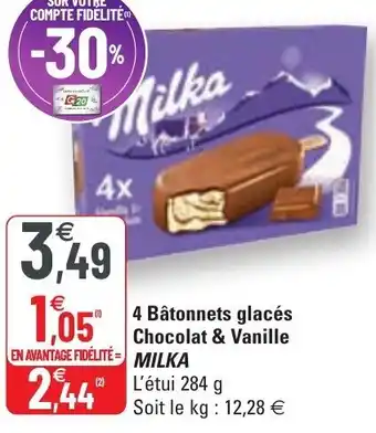 G20 4 bâtonnets glacés chocolat & vanille milka offre