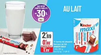 G20 11 barres de chocolat Fourrés au lait kinder maxi offre