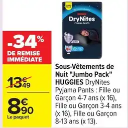 Carrefour HUGGIES Sous-Vêtements de Nuit Jumbo Pack offre