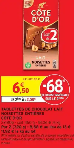 Intermarché Côte d'or tablettes de chocolat lait noisettes entières offre
