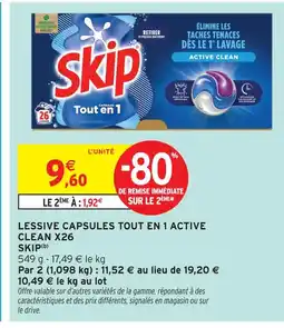 Intermarché Skip lessive capsules tout en 1 active clean x26 offre