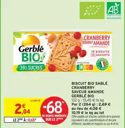 Intermarché Gerblé biscuit bio sablé cranberry saveur amande bio offre