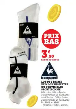 Super U Lot de 3 paires de mi-chaussettes ou d'invisibles sport homme offre