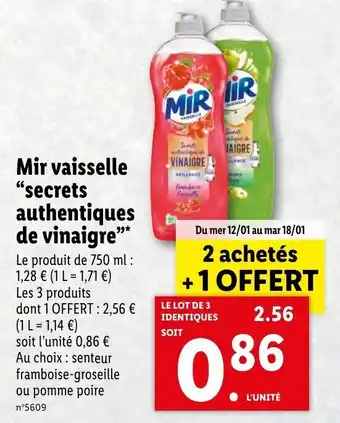 Lidl Mir vaisselle "secrets authentiques de vinaigre" offre