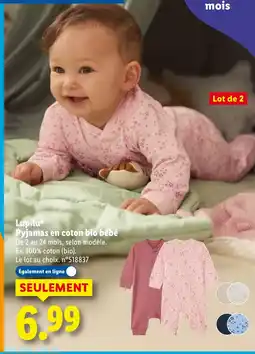 Lidl LUPILU Pyjamas en coton bio bébé offre