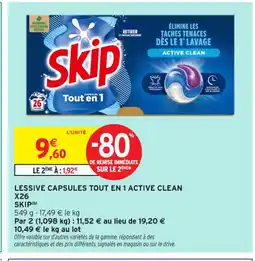 Intermarché Contact SKIP Lessive capsules tout en 1 active clean x26 offre
