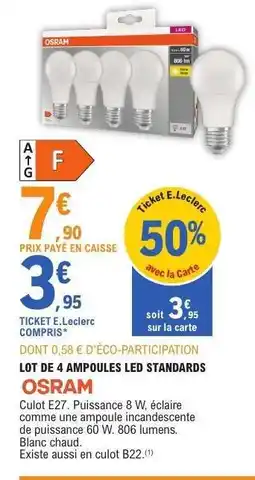 E.Leclerc LOT DE 4 AMPOULES LED STANDARDS OSRAM offre