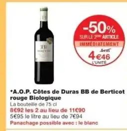Monop' A.O.P. Côtes de Duras BB de Berticot rouge Biologique offre