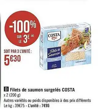 Casino Supermarchés Filets De Saumon Surgeles Costa offre