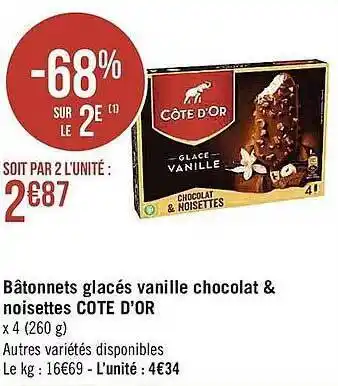 Casino Supermarchés Batonnets Glaces Vanille Chocolat & Noisettes Cote D'or offre