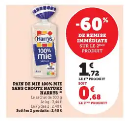 Hyper U HARRYS Pain de mie 100% mie sans croute nature offre