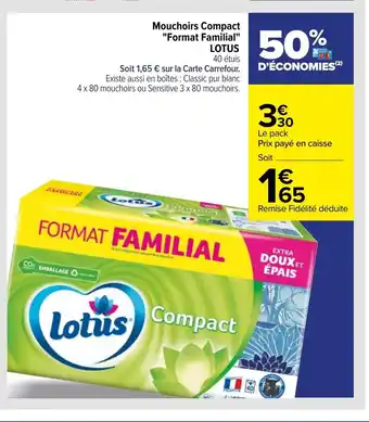 Carrefour Mouchoirs Compact "Format Familial" Lotus offre