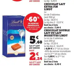 Super U Lindt chocolat lait extra fin offre