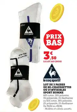 Super U Le coq sportif lot de 3 paires de mi-chaussettes sport homme offre