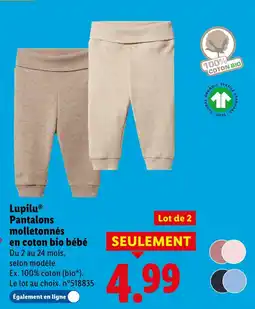 Lidl Lupilu pantalons molletonnés en coton bio bébé (rose et beige) offre