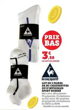 Super U Le coq sportif - lot de 3 paires de mi-chaussettes ou d'invisibles sport homme offre